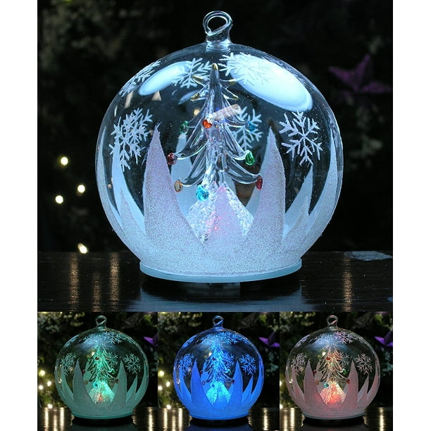 BANBERRY DESIGNS Cardinal LED Christmas Ornament Light Up LED Color Changing Lights Hand Painted Glitter Snowflakes Glass Globe Xmas Ornament 